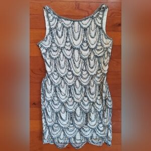 Pisarro Nights Tan and Silver Beaded Mini Dress Size 6